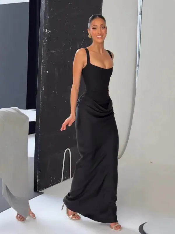 Sexy Backless Ruched Maxi Dress for Women U-neck Sleeveless Bandage Bodycon Black Long Dresses Lady Evening Party Gown