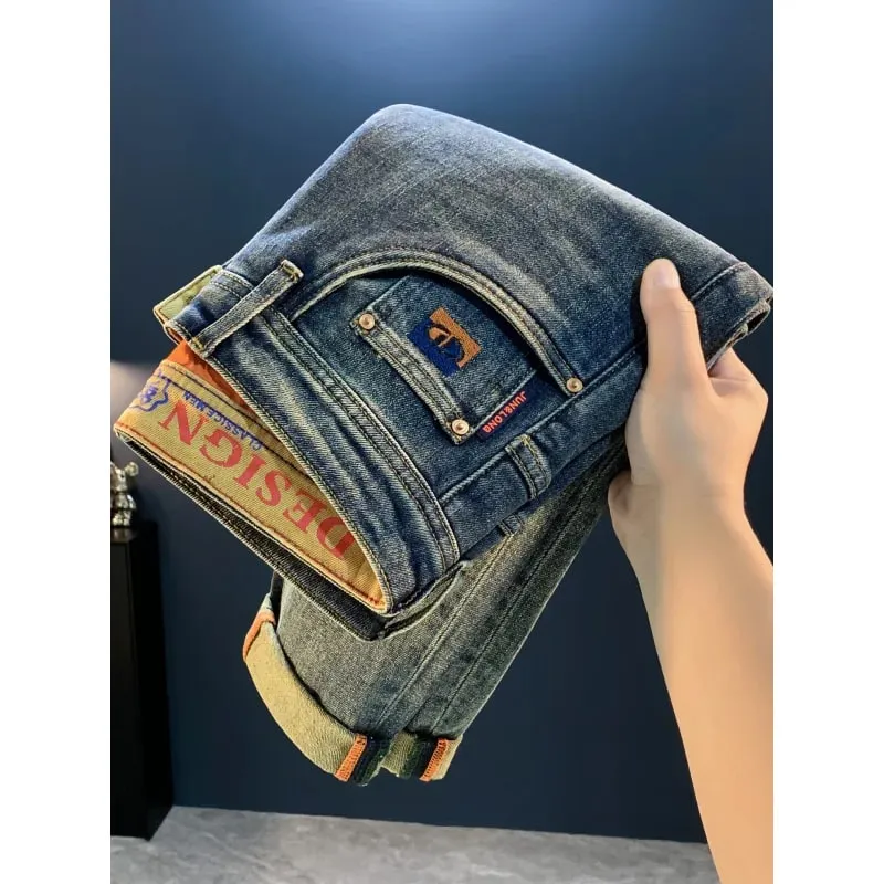 2025 autumn new jeans men's high-end street trend stretch slim fit small feet retro fashion casual pants