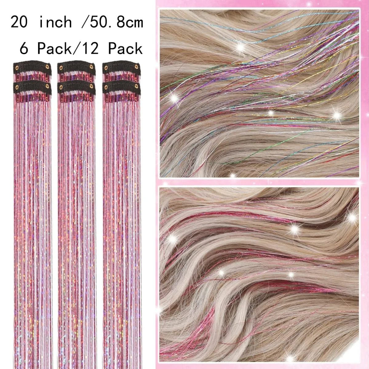 6/12Pas Synthetic Hair Tinsel Clip in 20Inch Glitter Tinsel Hair Clip in Hair Tinsel Kit Heat Resistant Shiny Sparkle Fairy Hair