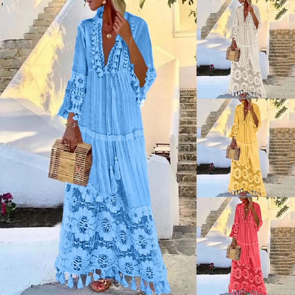 Damen Bohemian V-Ausschnitt Quaste Große Größe Freizeitkleid Frauen Spitze Solide Mode Kleid Elegante Robe Boho Urlaub Langes Kleid