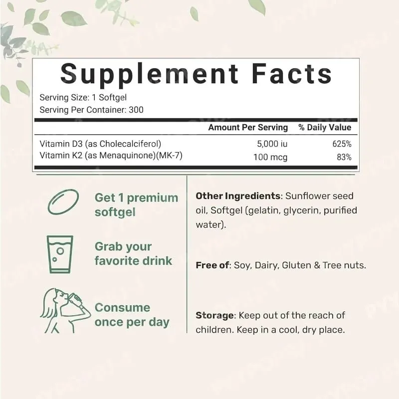 2-in-1 Vitamin D3+K2 Capsules with 5 000 IU D3 and 100mcg K2 180 Count Diet Supplement Maintain Daily Health & Enhance Immunity