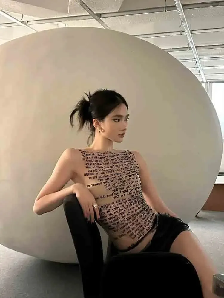 Fashion Trendy Round Collar Sleeveless Tank Mesh Sexy Article Print Slim Casual Top Women Hipster Wear