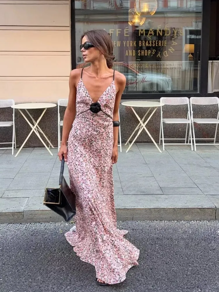Pink Floral Printed Sling Maxi Dress Spaghetti Strap Deep V Neck Front Black Rose Detail Ruffle Hem Lady Street Vacation Dresses