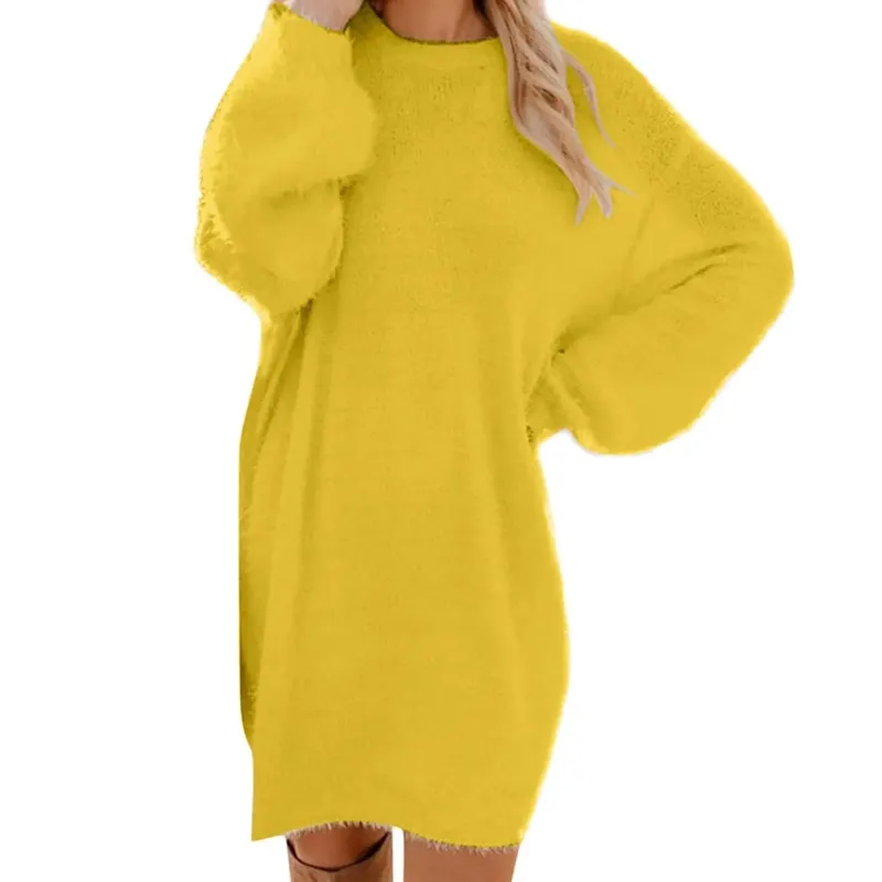 Damski sweter zimowy dzianinowy okrągły dekolt ciepły, długi rękaw O-Neck Casual bluzy sukienka jednolity kolor ponadgabarytowy podstawowy materiał damski