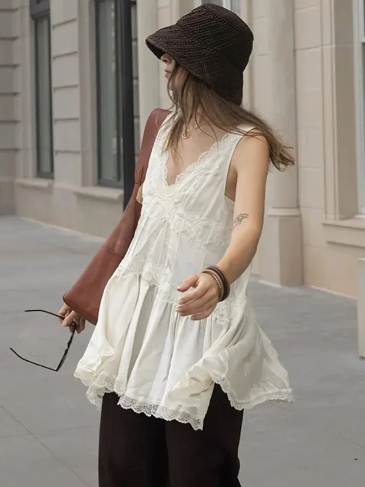 Women's A-Line Dress V-Neck Sleeveless Lace Trim Tiered Flared Casual Daily Wear Dress Stylish Ladies Frock — image 4