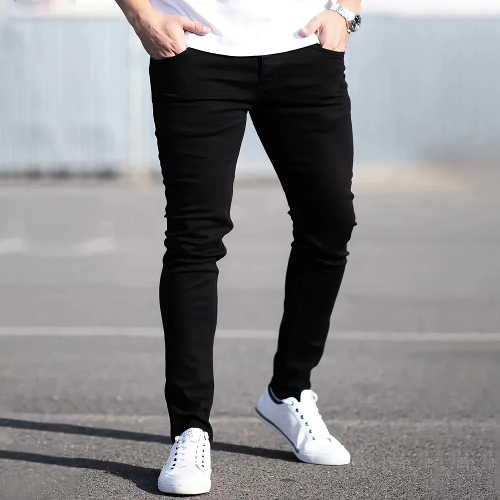 Jarní Pánské Černé Modré Kalhoty Pure Color Streč Džíny Street Ležérní Slim Fit Kalhoty Pánské Vintage Wash Skinny Jeans pro muže