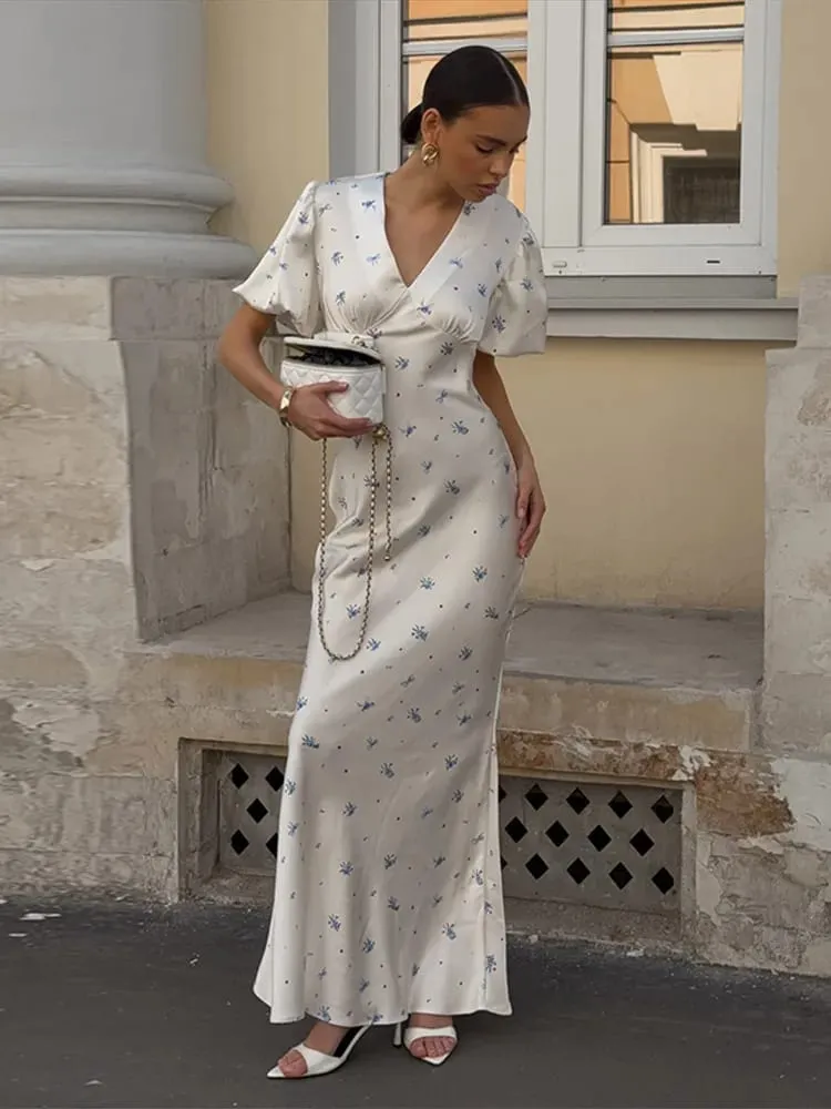 Elegant Print Women Long Dress Fashion V-neck Pleated Flutter Short Sleeve Empire Female Dresses 2026 Summer Chic Female Robe — image 3