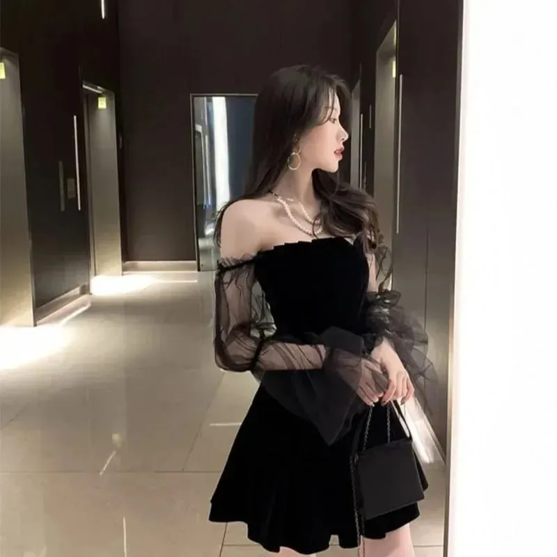 New Black Retro Dress Women Lace Chiffon Mini Dress Female High Street Sexy Korean Fashion Women Club Dress