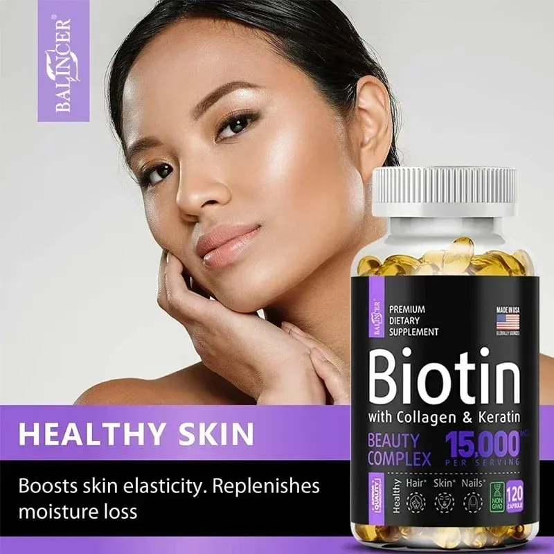 Biotin Capsules 15 000 MCG - Increase Healthier Shinier Hair Skin & Nails- 30 To 120 Capsules with Biotin Collagen A & B