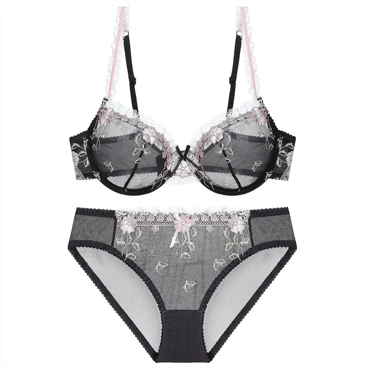 Floral Embroidery Sheer Mesh Lingerie Set Women Underwire Bra Panty Set Romantic Lace Intimate Sleepwear For Dating Night