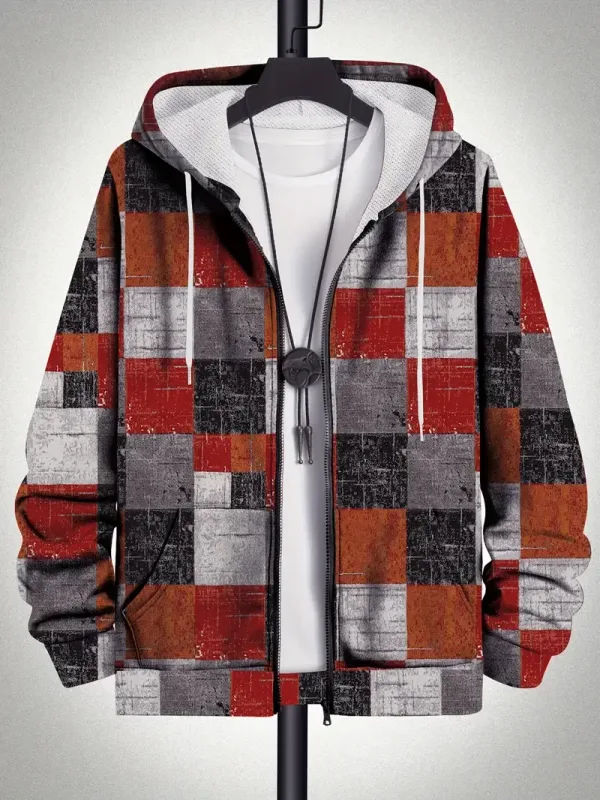 Retro Plaid Print Patchwork Zip Up Hoodie Men's Clothing Hot Style Long Sleeve Pullover Trend Streetwear Men Zip Up Hoodies