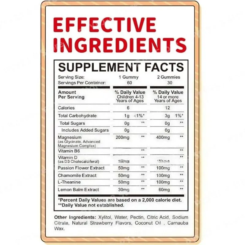 Magnesium Glycinate Gummies Strawberry Flavor with L-Theanine Vitamin B6/D3 Helps Reduce Stress and Support Muscle & Bone Health