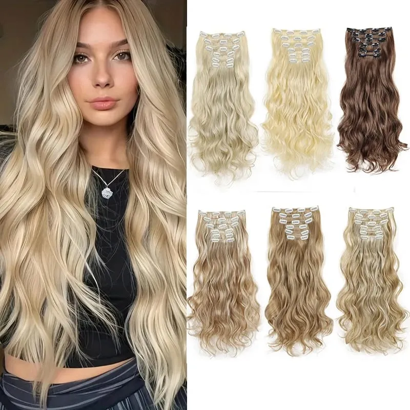 16Clips Synthetic18Inch Long Curly Hair Hairpiece Heat Resistant Hair Extension Clips In Ombre Black Brown Blond Women Halloween