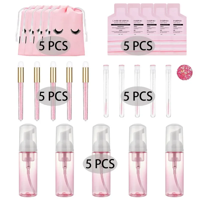 60ml Refillable Leakproof Empty Foam Pump Bottles Eyelash Extension Shampoo Kit Lash Comb Tube Cleaning Brush EVA Storage Bags