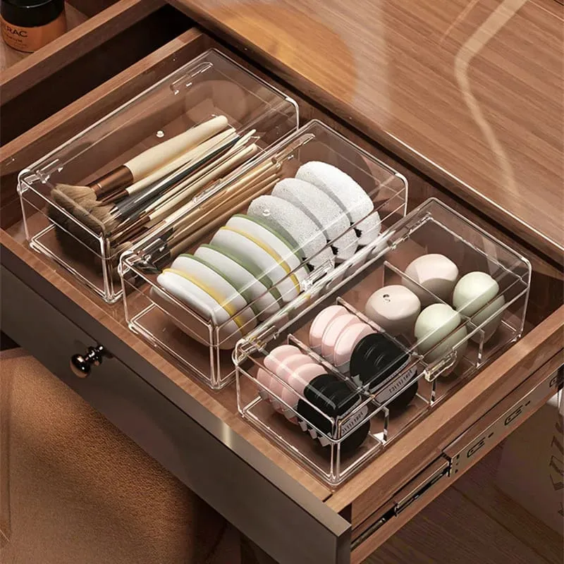 Stackable Acrylic Makeup Brushes Storage Box with Lid Clear Makeup Sponges Organizer Dustproof Cosmetic Tools Puff Storage Case