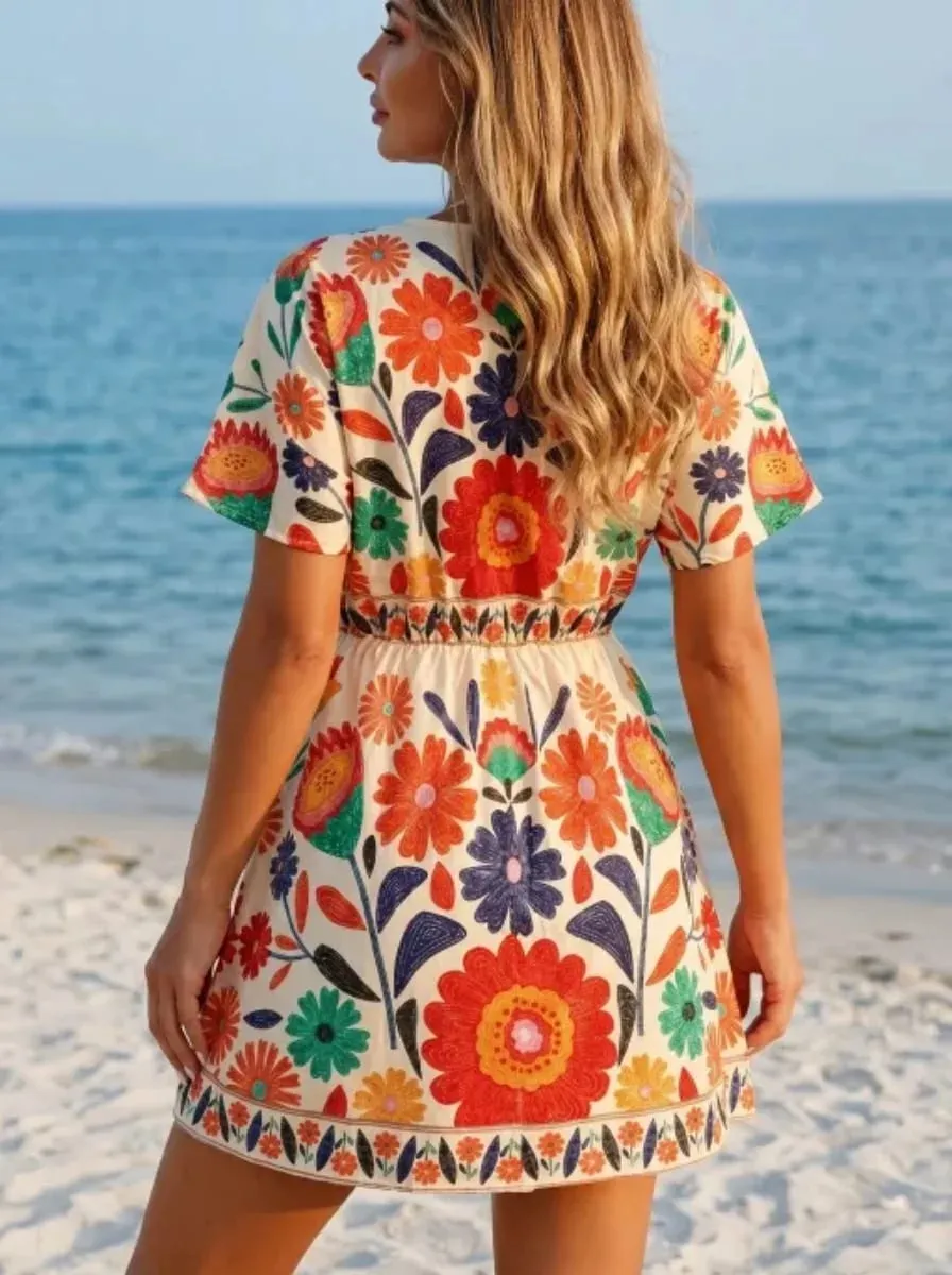 Bohemian Floral Beach Cover-Up Dress V-Neck Short Sleeve Mini Skirt Perfect for Your Next Vacation