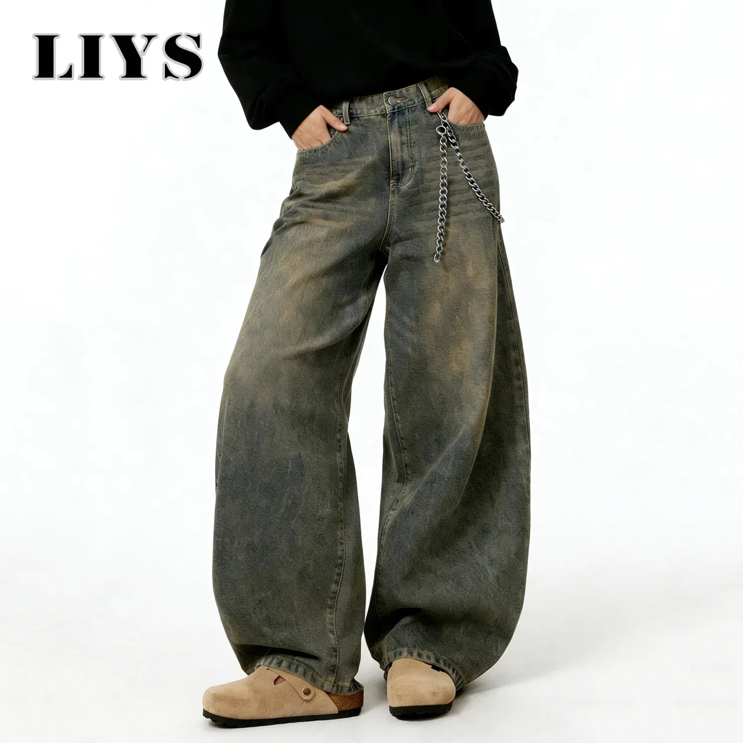 American Retro Baggy Wide Leg Jeans Men's Streetwear Distressed Y2K Clothing Casual Daily Four Seasons Denim Pants Unisex