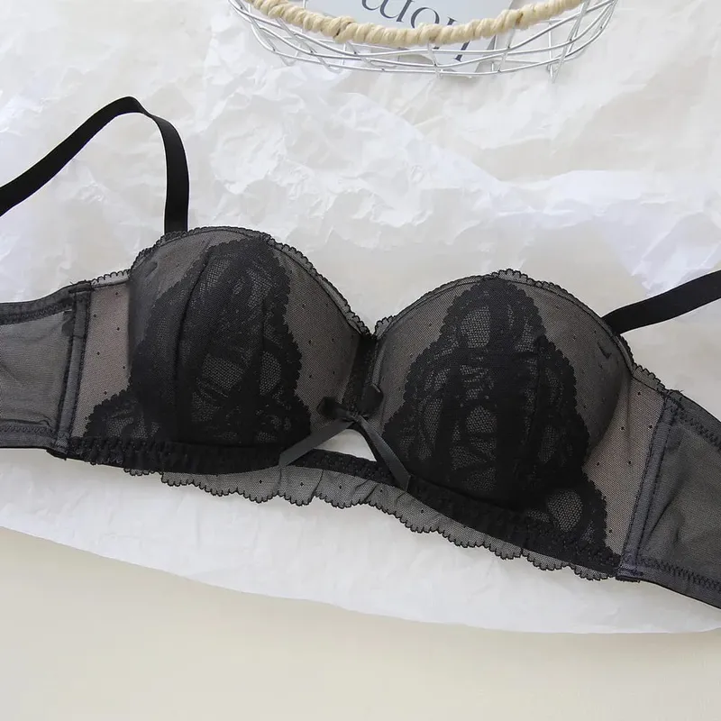 Conjunto de Bralette de encaje de copa Demi francesa Sexy, sujetador de realce inalámbrico para mujer, sin aros, cómodo, sin relleno, Sexy, dulce sujetador para adolescentes AB