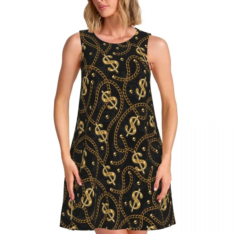 Gold Chain Casual Dress Vintage Print Korean Fashion Dresses Sleeveless Cute Dress Cheap Crew Neck Female Print Clothes