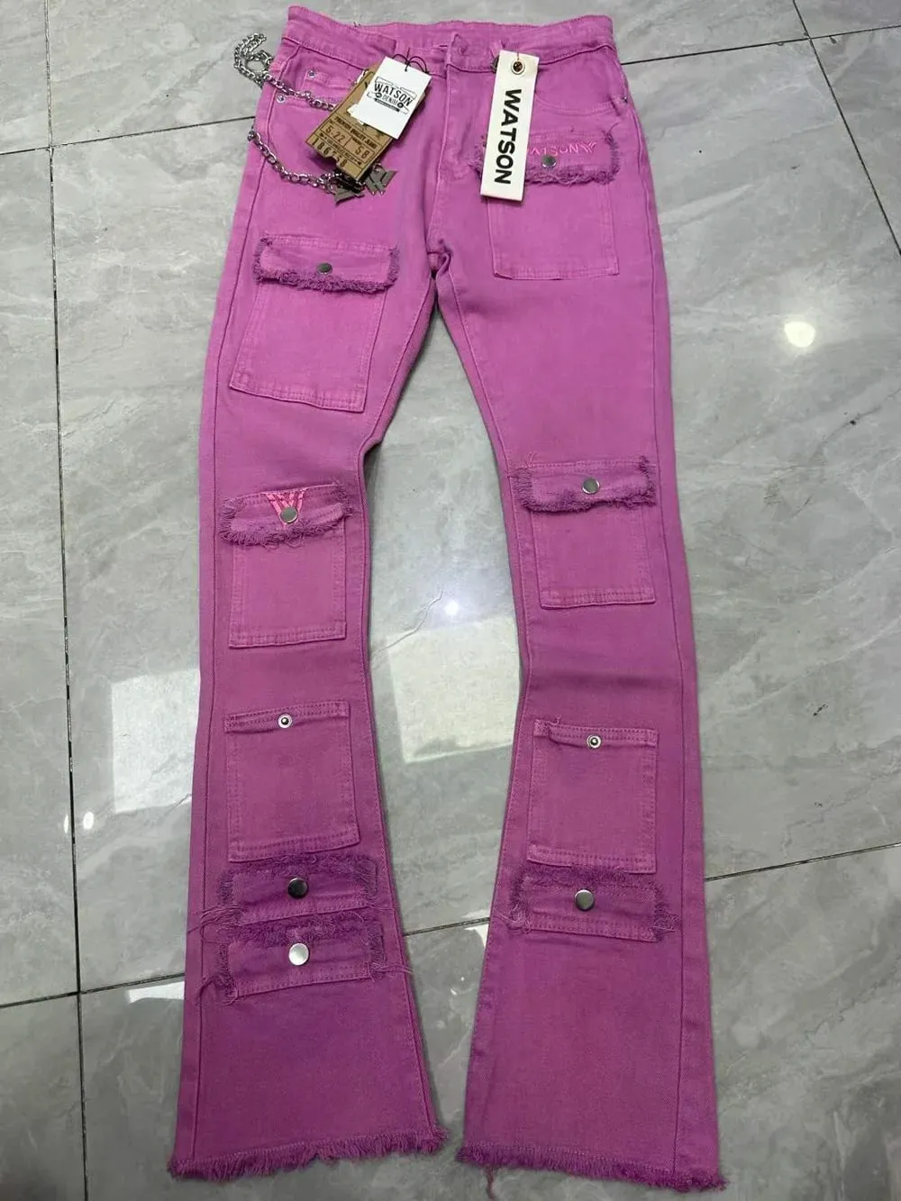 2026 Men's Multi-Pocket High Street Quality Slim Fit Skinny Long Denim Flared Men Yellow Red Pink Jeans Pants