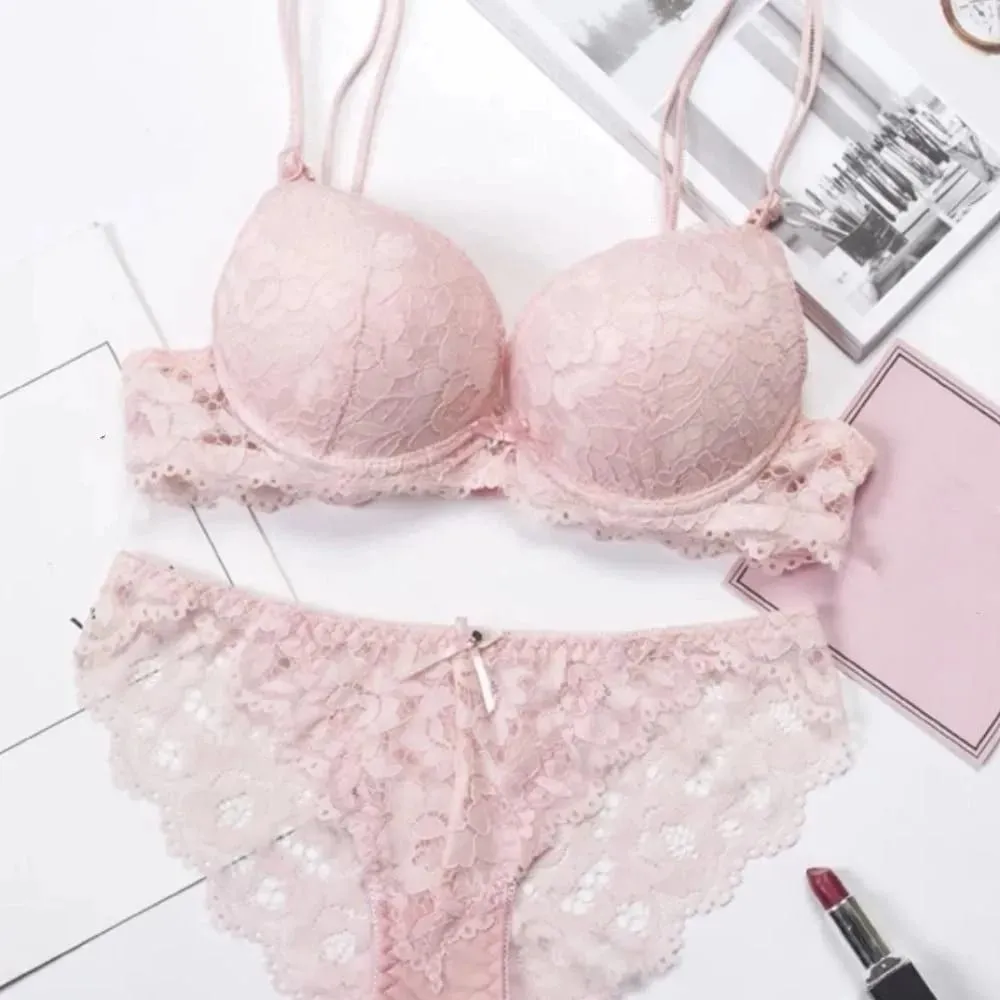 Comfortable Mesh Lace Flower Bra Low Waist Bowknot Push Up Bra Women Intimates Lingerie Bra Panties Set Girl