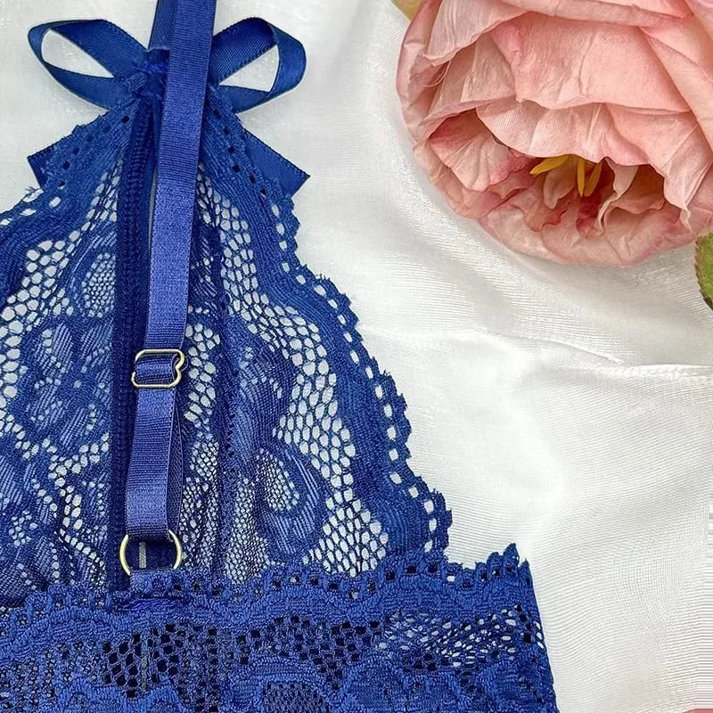 Sensual Lingerie Transparent Lace Bra Kits Crotchless Female Underwear Set Dark Blue Hollow Exotic Sets Tempation Intimate Goods
