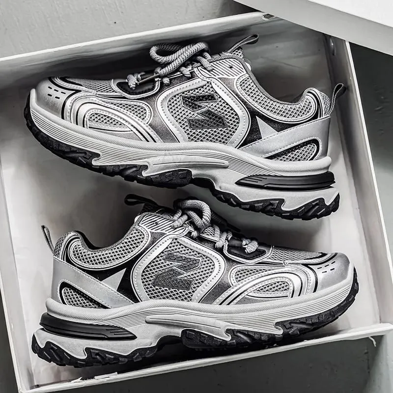 Retro Chunky Dad Sneakers för män | Metallic Silver Platform löparskor
