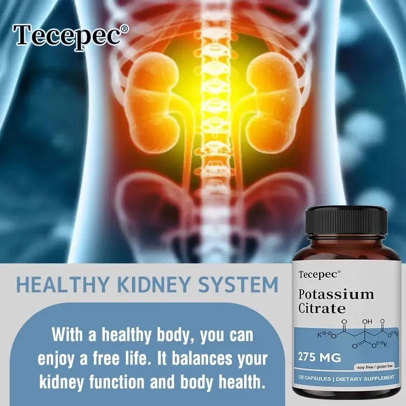 Potassium Citrate Supplement 275 Mg - 120 Capsules Non-GMO Gluten-Free for Heart Joint Bone Kidney Cell Health