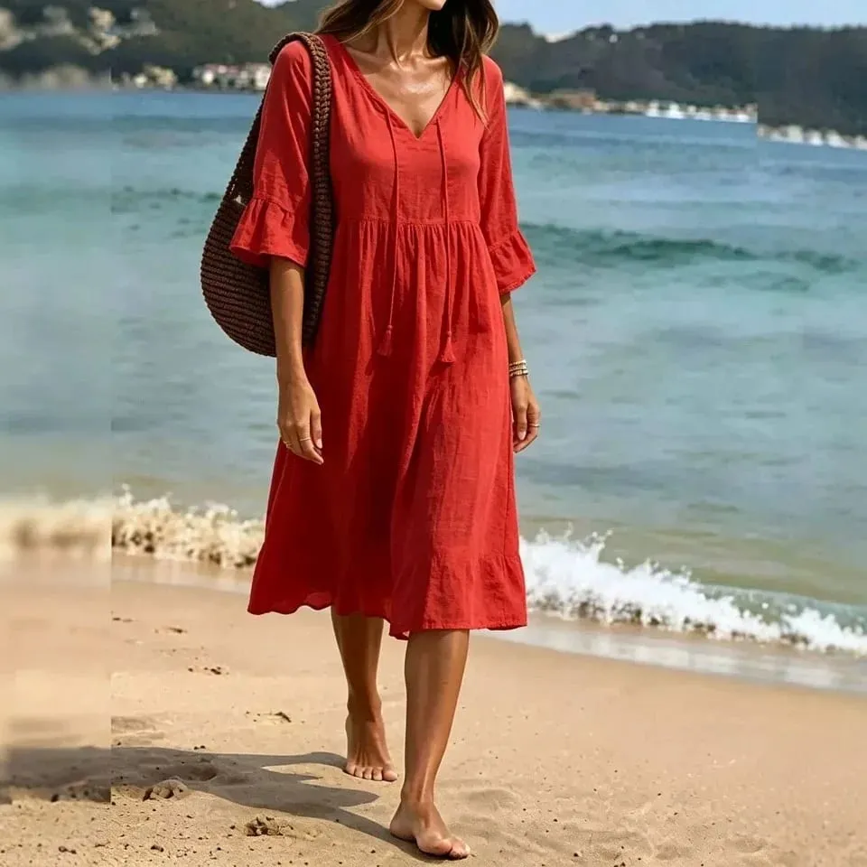 Women V Neck Tassel Drawstring Tiered Midi Dress 3/4 Flare Sleeve Loose Casual Beach Vacation Dress For Summer