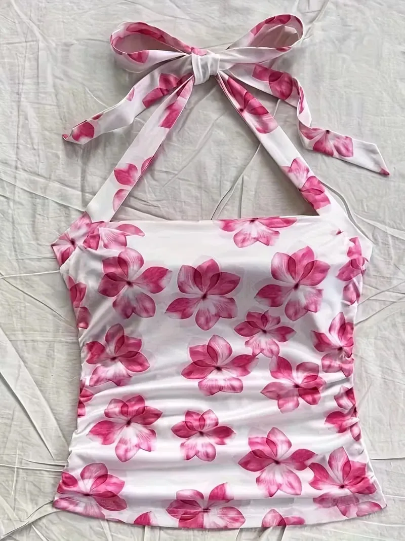 Women's Summer Short Top Pink Floral Camisole Vest Suitable for Vacation Style Girls