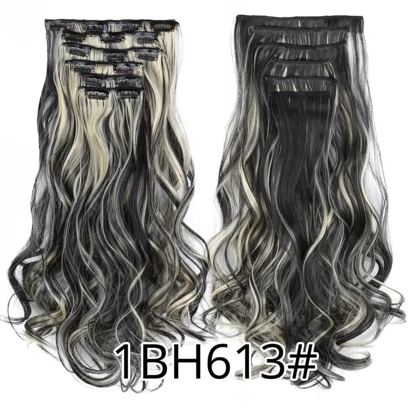 Leeons 16 clipes longos e retos sintéticos clipe em extensões de cabelo cheveux clipe naturel fibra de alta temperatura preto marrom peruca
