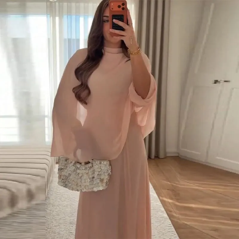 Minimalist Pink Chiffon Stand Collar Dresses Women Trendy Slim Fit Layered Shawl Sleeve Vestido Summer Beach Vacation Daily Gown