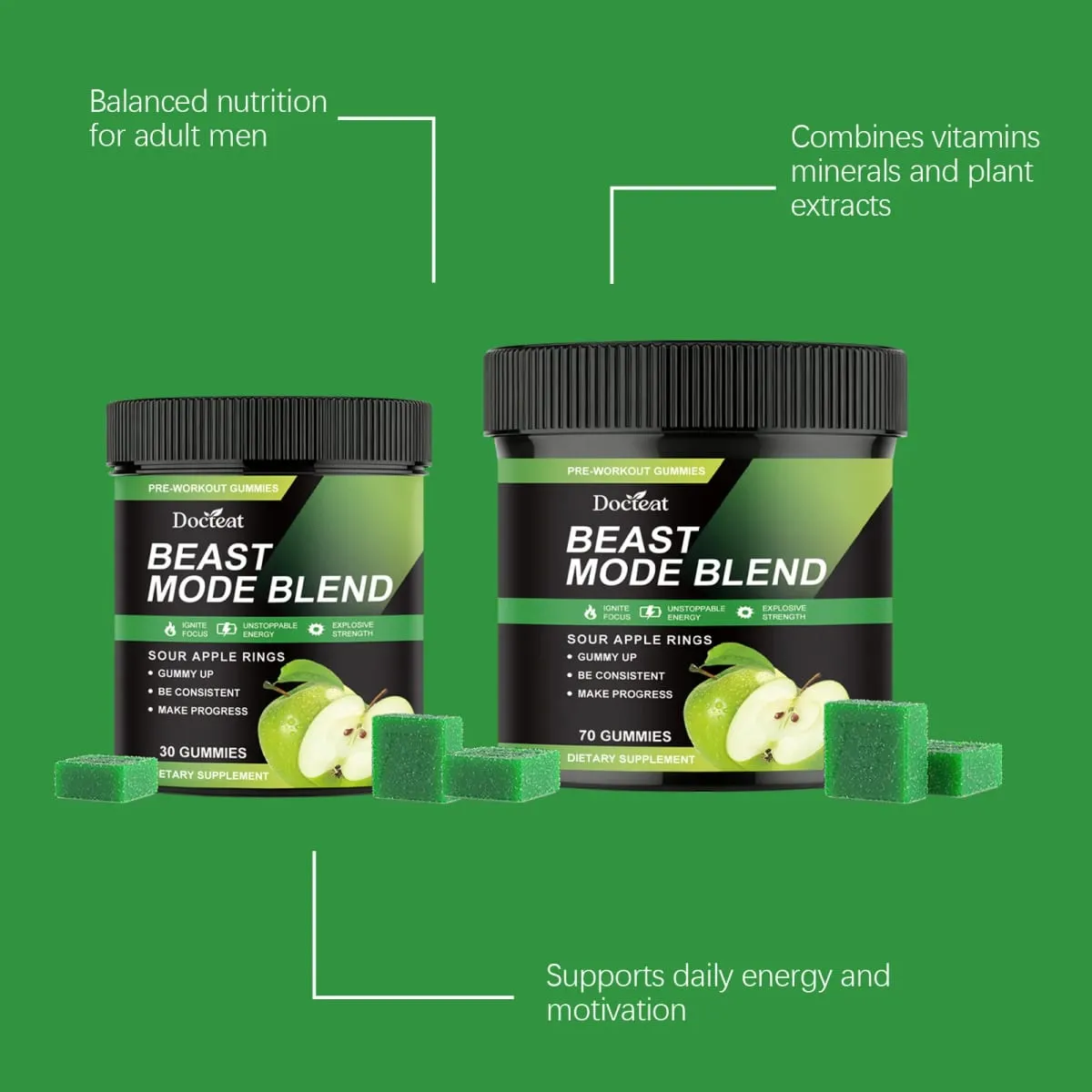 Pre Workout Energy Gummies with Caffeine Taurine Rhodiola Rosea CoQ10 & B Vitamins Supports Workout Focus Energy Strength 70 Ct