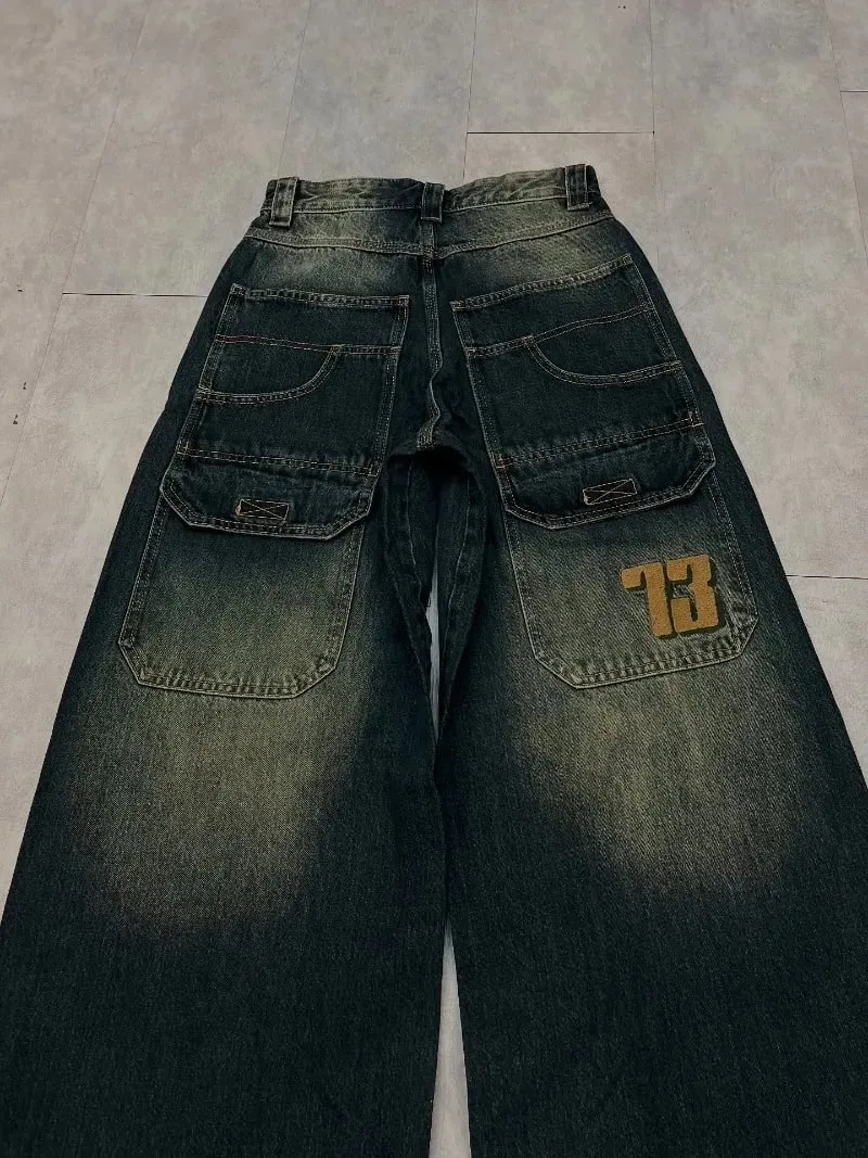Y2K American New Pattern Embroidery Baggy Jeans Men High Street Vintage Hip Hop Fashion Casual Joker Couple Wide-leg Pants
