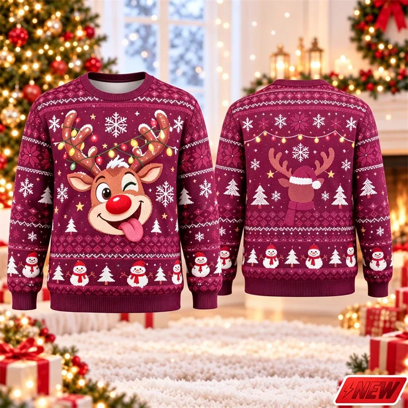 Cute Reindeer Graphic Ugly Christmas Sweater Men Women 3d Printed Christmas Tree Sweatshirt 2027 New Year Party Crew Neck Hoodie