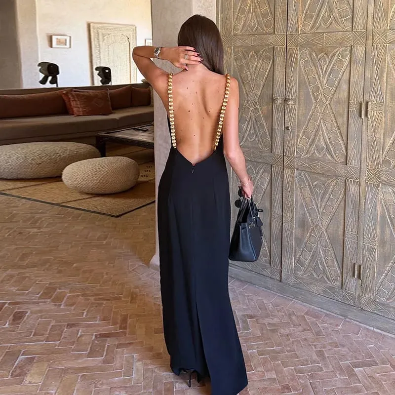 Vintage Beads Backless Black Women's Summer Dress Square Collar Sleeveless Beach Sling Sundress 2026 Lady Holiday Party Robes