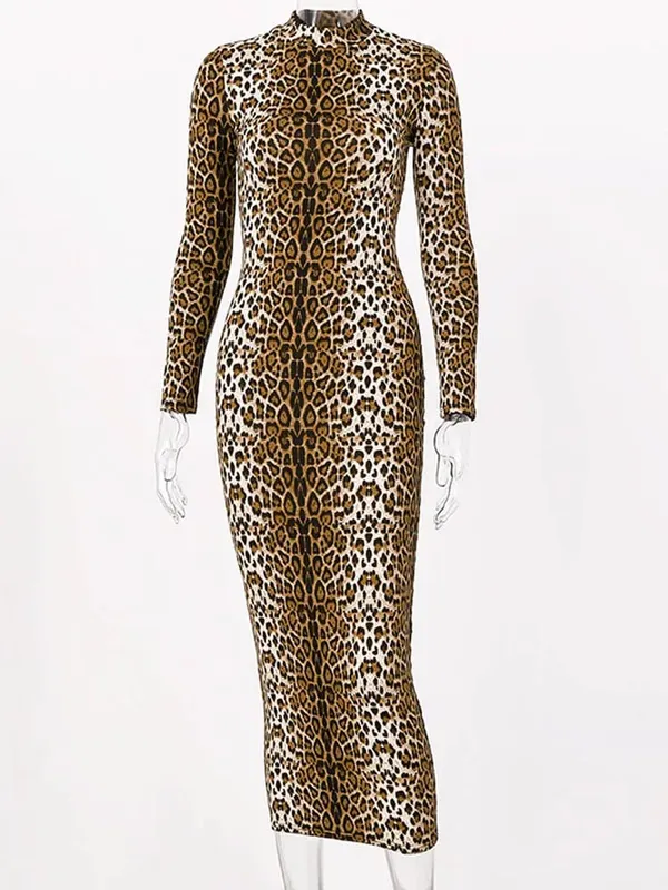 leopardprint langærmet slim bodycon sexet kjole efterår vinter kvinder streetwear fest festival kjoler outfits