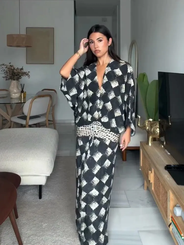 V-Ausschnitt, lockere Taille, gerafftes langes Kleid, Kontrastfarben, kurze Ärmel, plissiert, Maxikleider, schickes Urlaubskleid für Damen