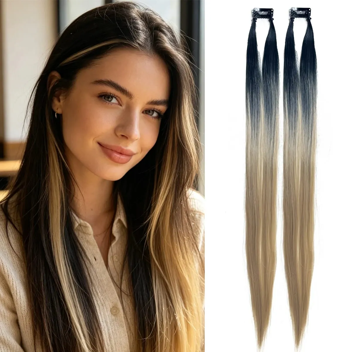 Clip‑in Hair Extensions Long Straight Ombre Synthetic Hair Pieces 2Pcs/Set Fashion Highlight Hair For Women Hair Accessories