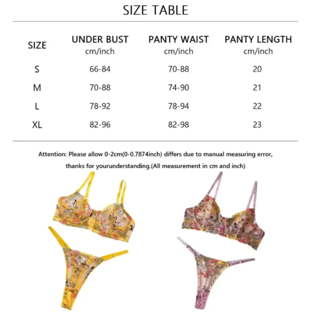 2-Piece Floral Lingerie Set Embroidery Versatile Underwear Intimates Underwire Push-up Sheer Bra Panty Set For Lady Girl