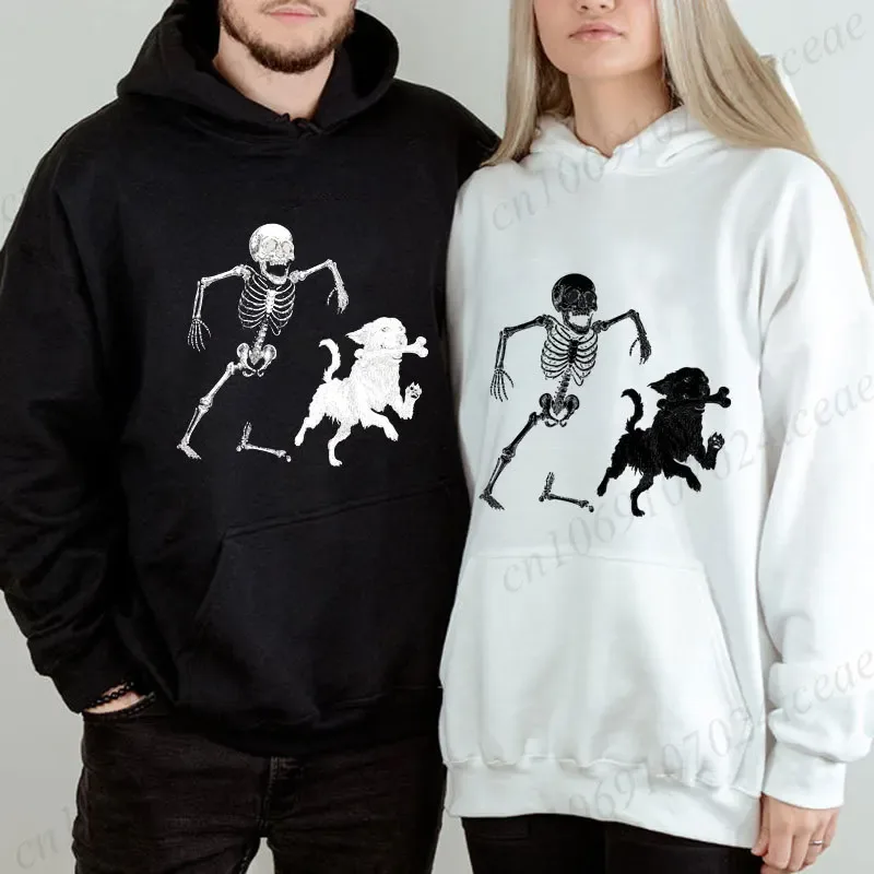 Hoodie Wanita Pria Halloween Antik Kaus Gambar Anjing Kerangka Lucu Atasan Kasual Lengan Pendek Kostum Pesta Halloween Pakaian Jalanan