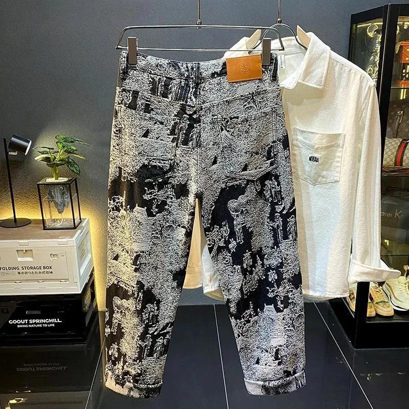 Autumn and Spring New Fashion Trend Print Retro Sports Straight Leg Jeans Men's Casual Comfortable High Quality Denim Pants