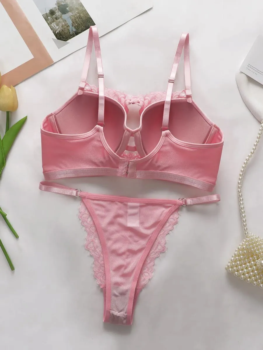 Women Elegant Scallop Lace Bra And Panty Set Front Cut‑Out Design Support Brassiere Romantic Sleep Lingerie 202305
