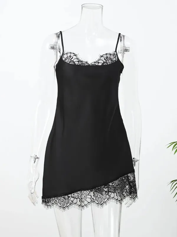 Women Black Lace Trim See Through Camisole Dress Waist Cinched Slim Fit Sleeveless Dresses Lady Daily Party Short Gown 2026 New