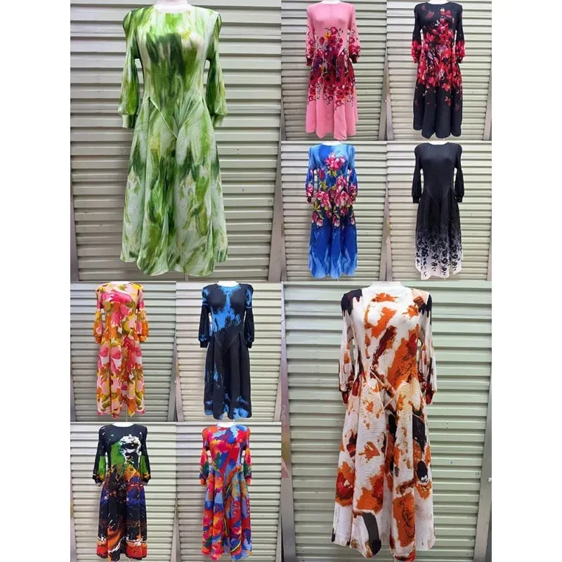 Miyake Plissee Kleider 2026 Herbst Neue Sanfte Französisch Druck Elegante Stretch Plus Größe frauen Langarm Bounce Blume Knospe kleid