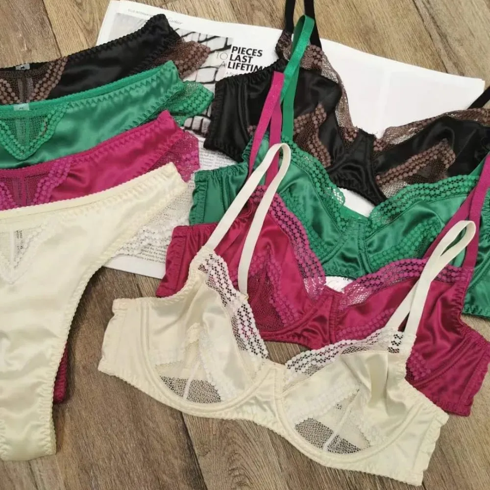 Women Brassiere Mesh Satin Lace Splicing Ultra Thin Minimizer Anti Sag Soft Support Lingerie For Girls 32‑38AB Suit