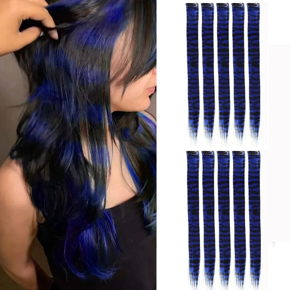 10pcs/set Stripe Printed Hair Colorful Long Straight Hair Pieces Synthetic Clip-in Hair Extensions for Daily Use Party Halloween