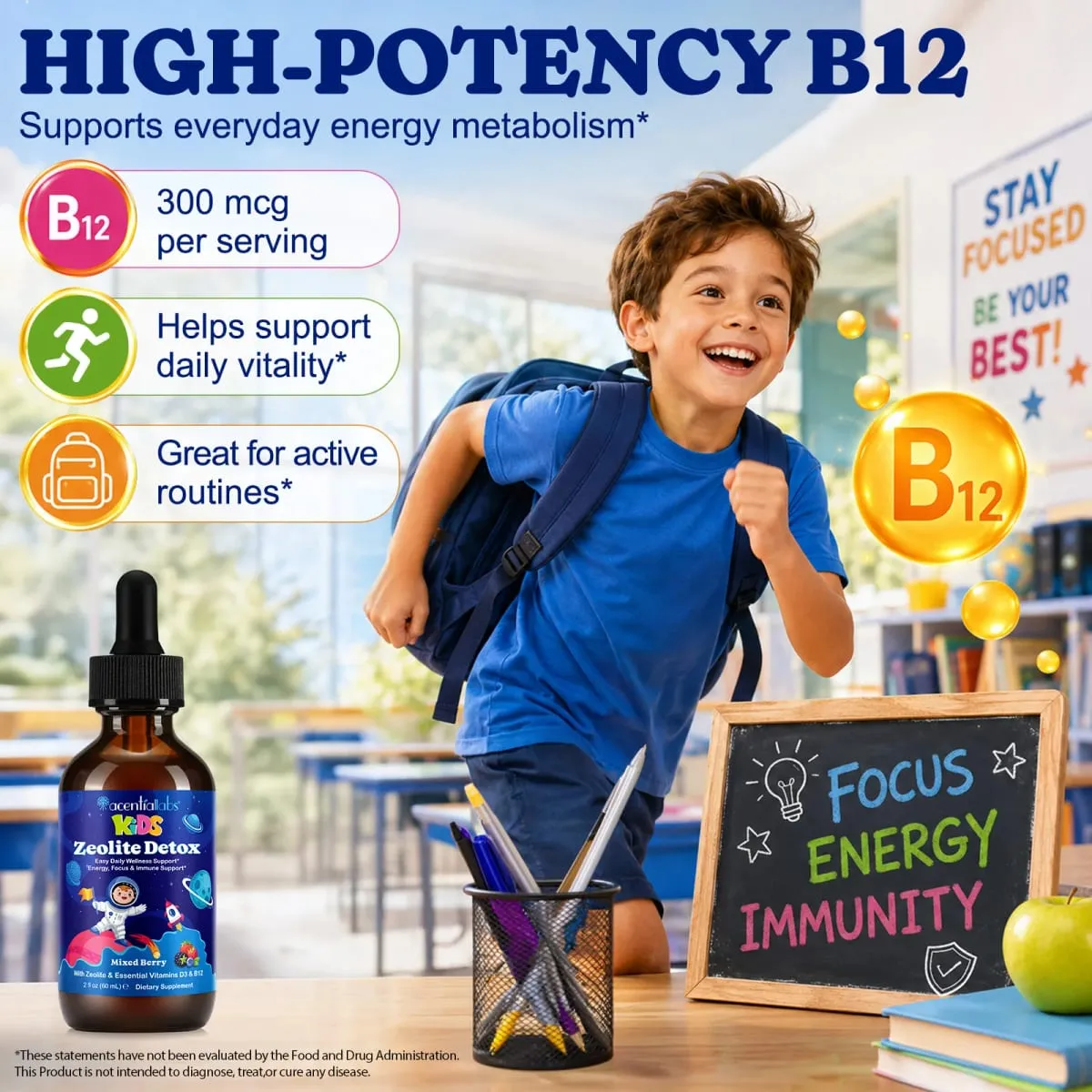 Kids Zeolite Detox Drops with Vitamin B12 & D3 Immune Energy & Bone Health Support for Growing Children Berry Flavor 60mL