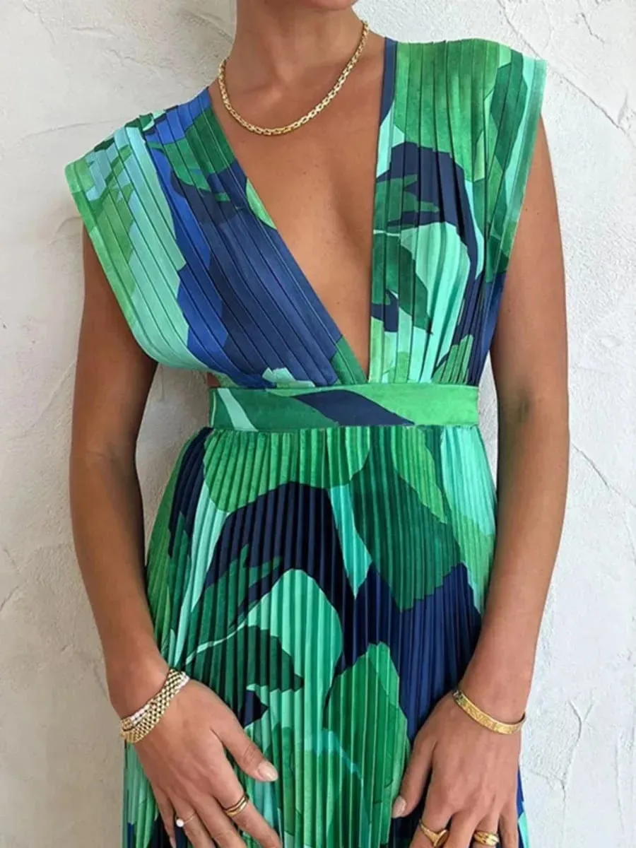 Freeacy Women's Printed Summer Dress Deep V-neck Sleeveless High Waist Pleated Midi Dress Female High Street Elegant Dresses