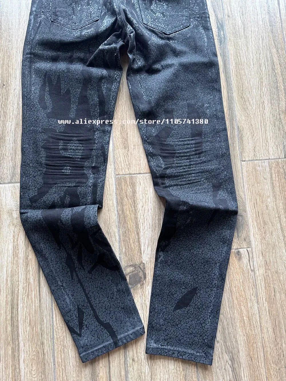 Men's High Street American Fashion Distressed Black Crackle Paint Foil Stretch Skinny Button Fly Ripped Jeans Pants